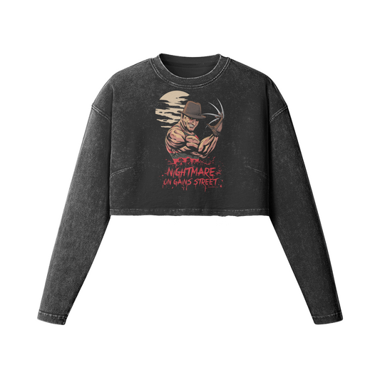 NIGHTMARE ON GAINS STREET- Womens Long Sleeve Crop Top