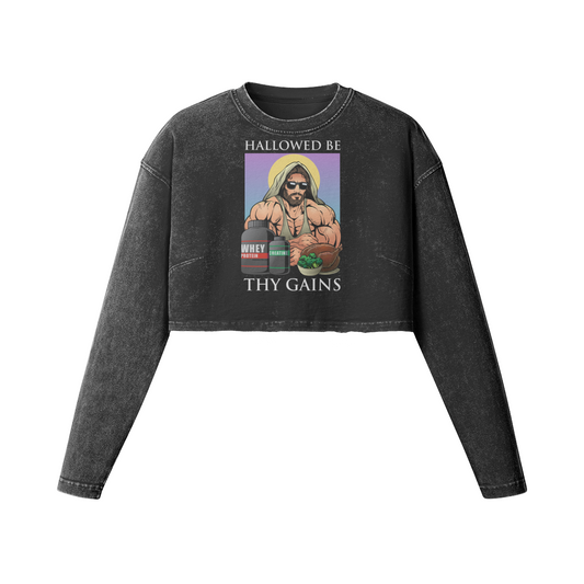 HALLOWED BE THY GAINS- Womens Long Sleeve Crop Top