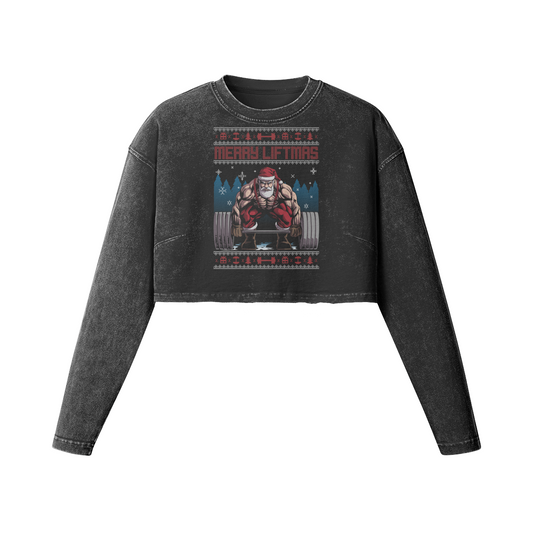 MERRY LIFTMAS- Womens Long Sleeve Crop Top